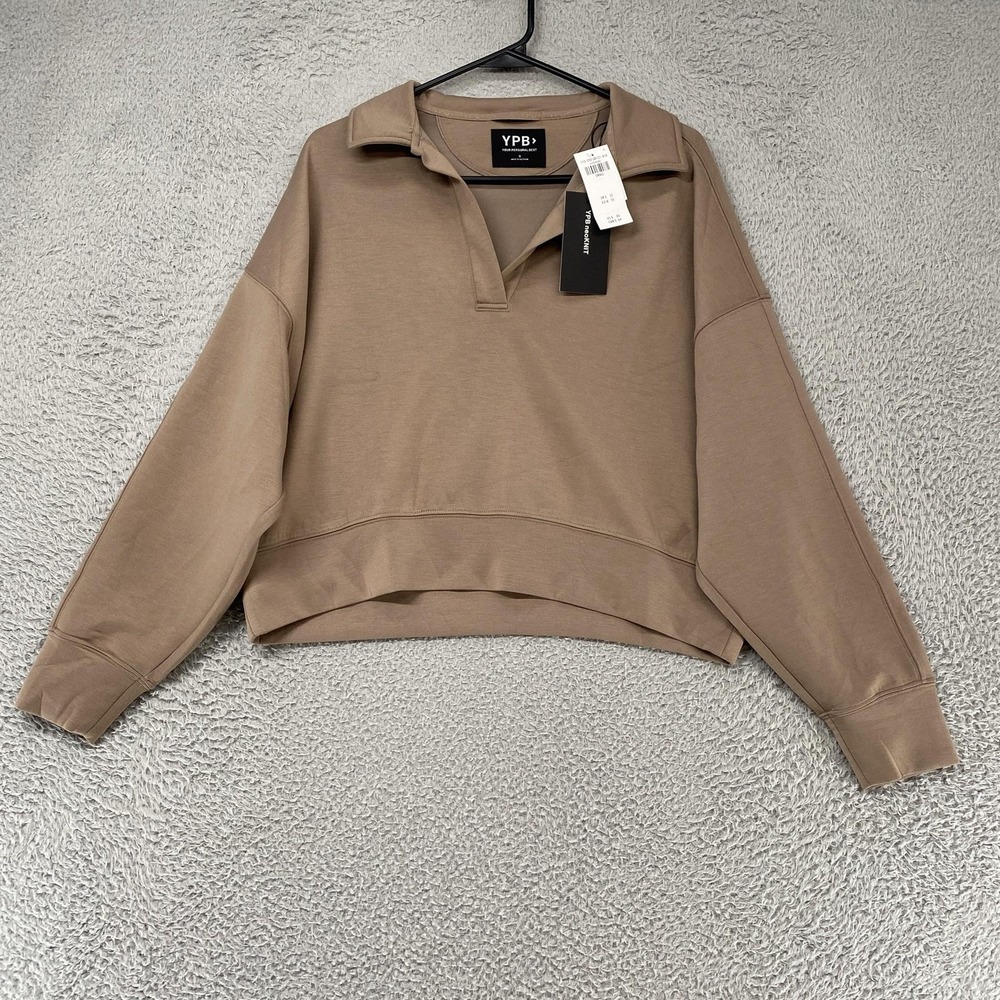 Abercrombie YPB Polo Sweatshirt Womens Small Beige Collared Cropped Boxy